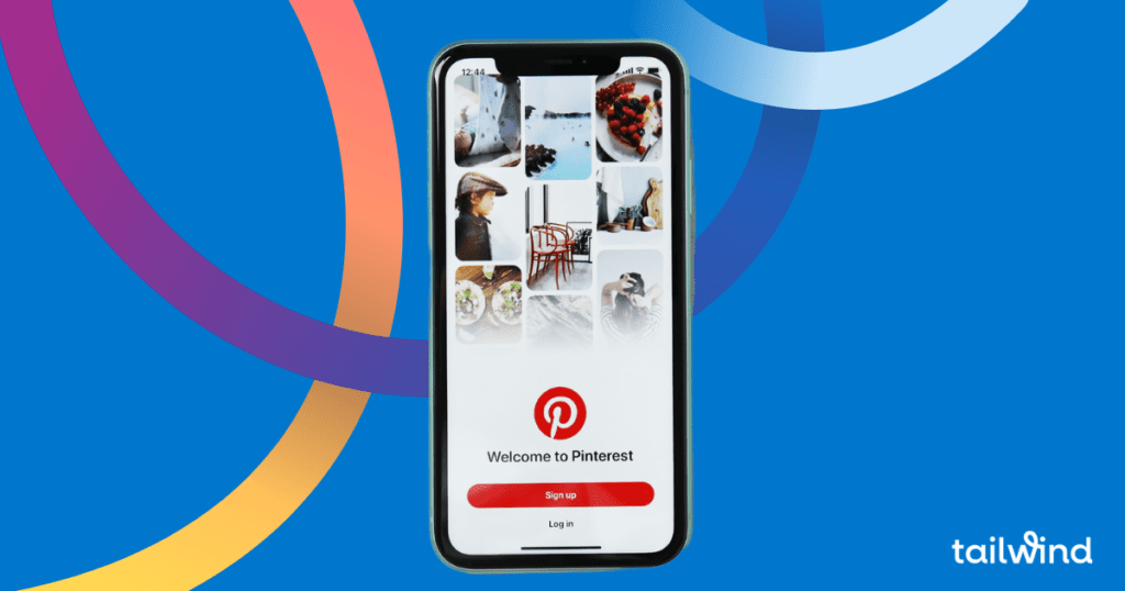 Image of the screen of a smartphone showing Pinterest's homepage on a blue background with the Tailwind logo in white font.