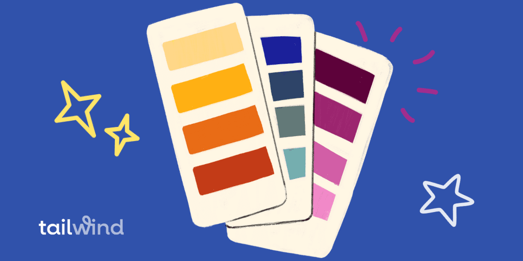 Illustration of paint color swatches on a blue background with the Tailwind logo in white font