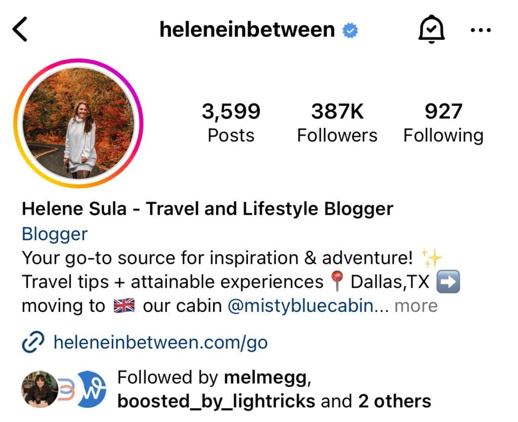 Heleneinbetween instagram bio screenshot