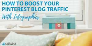 Text on the image says, "How to boost Pinterest blog traffic with infographics." The background features a pastel-colored striped box on a windowsill beside a white lamp. Tailwind logo appears in the lower left corner.