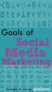 A graphic titled "Goals of Social Media Marketing" features social media icons in the background, highlights Pinterest scheduling strategies, and is labeled "brought to you by tailwind" at the bottom.