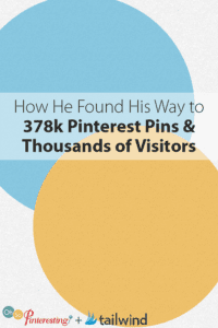 Text graphic with overlapping blue and yellow circles. Black text reads: "How He Found His Way to 378k Pinterest Pins & Thousands of Visitors." Logos for "Oh So Pinteresting," tailwind, and OSP Episode 039 are at the bottom.