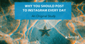 A starfish rests on sandy ripples underwater. Overlaid text reads: "WHY YOU SHOULD POST TO INSTAGRAM EVERY DAY—how often should I post to Instagram at least once per day? An Original Study." Tailwind logo appears in the bottom right corner.