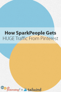 Graphic with overlapping blue, orange, and yellow circles. Text reads: "How SparkPeople Gets HUGE Pinterest Traffic." Logos for "Oh So Pinteresting?" and "tailwind" appear at the bottom. Perfect for learning about SEO and boosting your reach!.