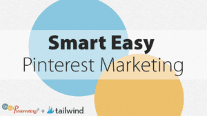 Graphic with overlapping blue and yellow circles on a textured background. Large text reads "Smart Easy Pinterest Marketing OSP 093." Logos for "Oh So Pinteresting" and "tailwind" appear at the bottom.