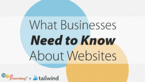 Text graphic with overlapping blue and orange circles reads: "What Businesses Need to Know About Websites OSP 096." Logos for "Oh So Pinteresting" and "tailwind" appear at the bottom left.