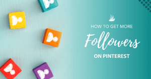 Colorful wooden blocks with white user icons are scattered on a blue background. Text on the right reads, "How to get followers on Pinterest" with a small bird logo above.