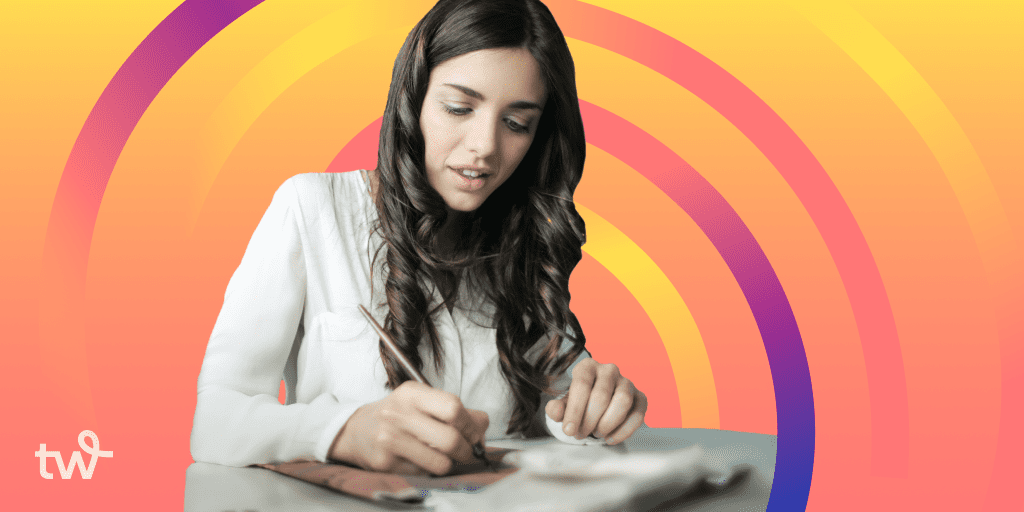 A woman with long brown hair sits at a table working on a craft project. The orange and yellow gradient background features colorful, curved stripes in yellow, orange, and purple tones. The Tailwind logo is in the corner.