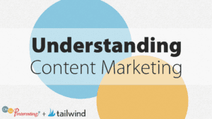 Text graphic with bold words "Understanding the Mythical Beast of Content Marketing OSP 097" over large overlapping blue and orange circles. Logos for "Oh So Pinteresting" and "tailwind" appear at the bottom left.