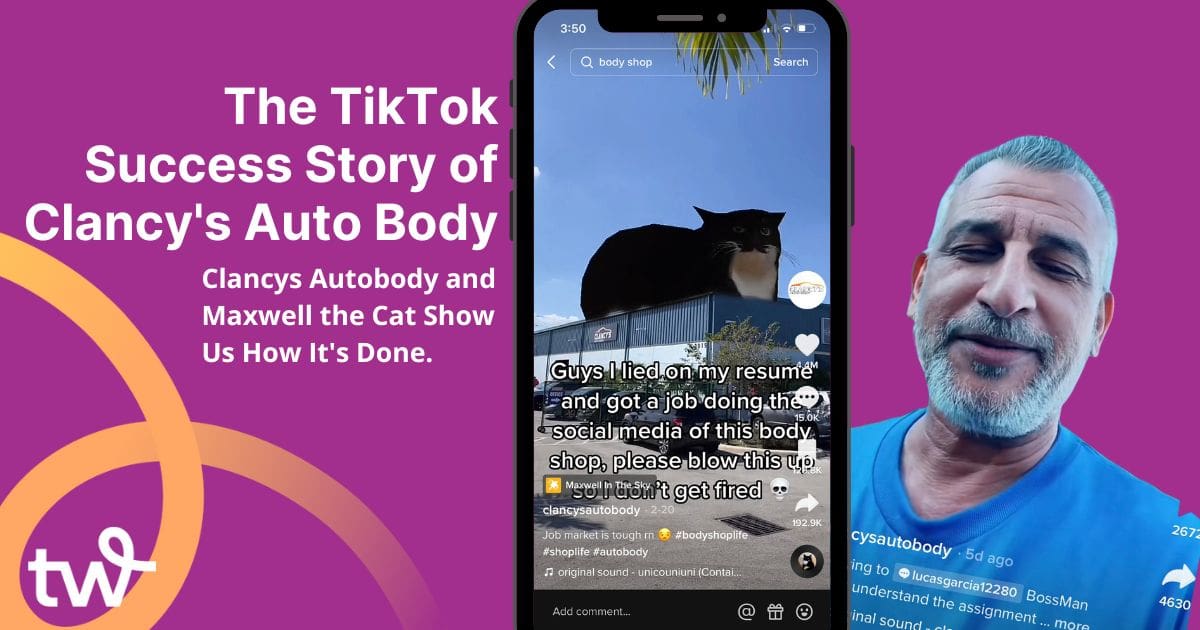 Image of a Screenshot on a smartphone of a TikTok post from Clancy's Auto Body Shop and the owner on a magenta background with the blog post title and Tailwind logo in white font.