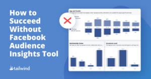 A graphic with Facebook analytics charts and graphs, titled "How to Succeed Without Facebook Audience Insights Tool," featuring Tailwind branding, pinterest scheduler tips, and a red X over an age and gender distribution chart.