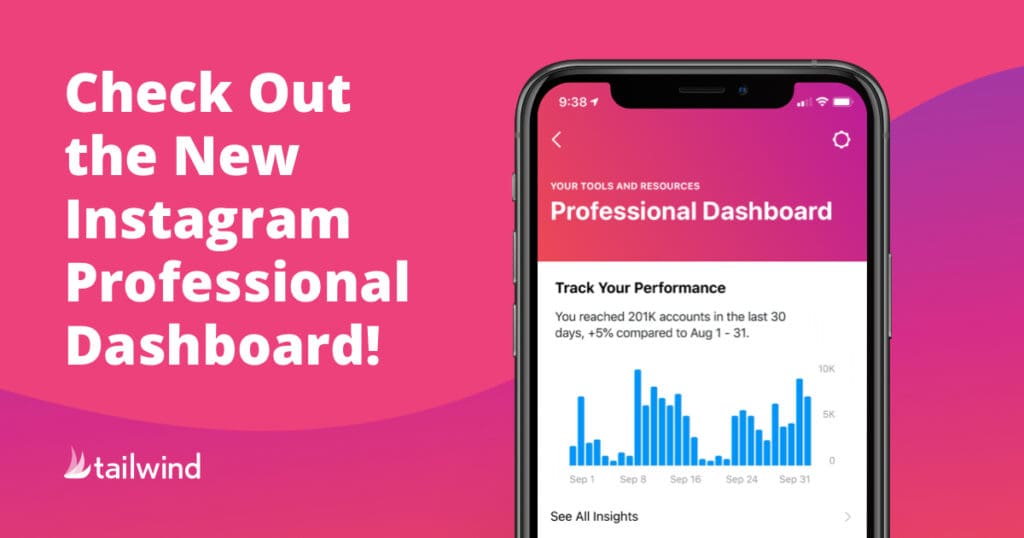 A phone displays the Instagram Professional Dashboard with performance stats, beside bold text reading “Check Out the New Instagram Professional Dashboard!” on a pink and purple background. Tailwind logo appears at the bottom left.