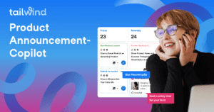 A woman with short blond hair and glasses smiles while looking right. Next to her, text reads "tailwind Product Announcement - Copilot." A digital calendar and Pinterest scheduler are displayed on a colorful blue and pink background.