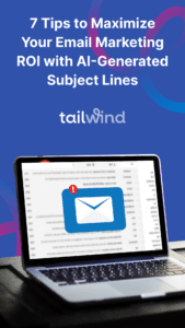 Image of an open laptop on a desk displaying an unread email icon on a purple and blue gradient background with the Tailwind logo in white font.