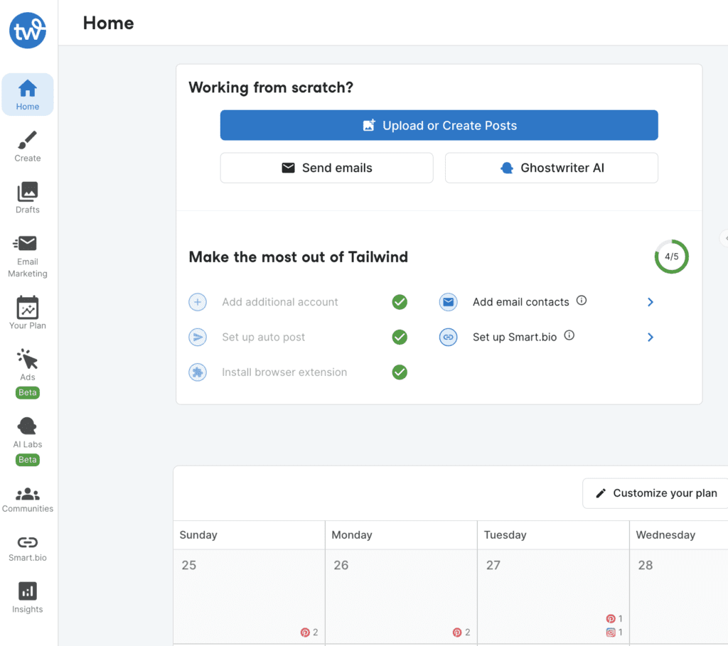 Screenshot of the Tailwind homepage showing the icon menu on the left hand side of the screen.