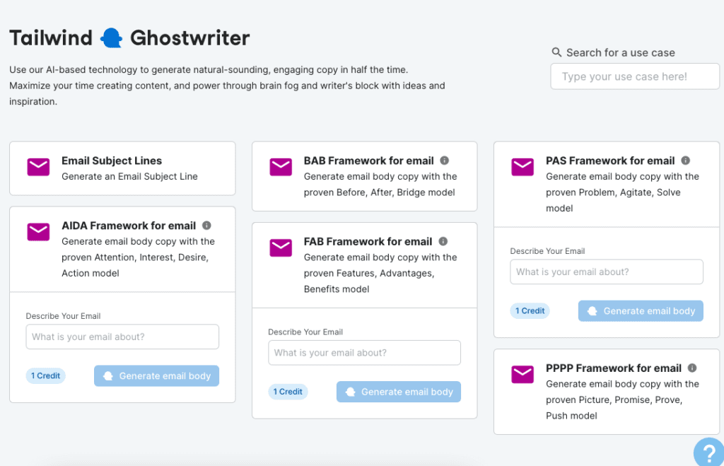Screenshot of Tailwind Ghostwriter's features for email-writing assistance
