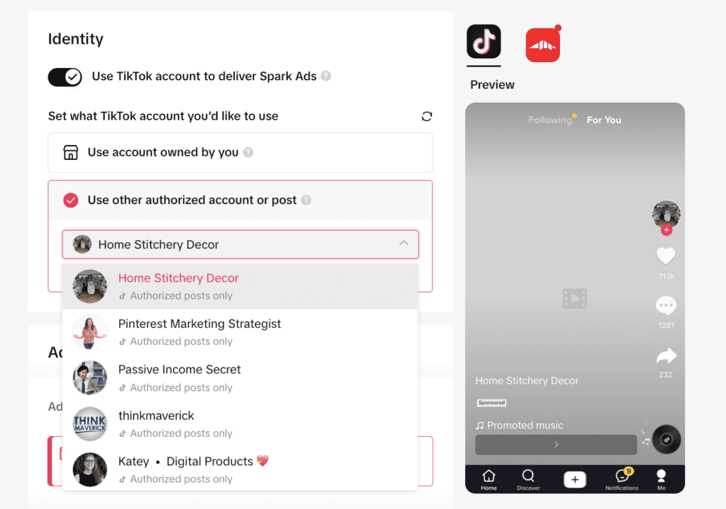 Screenshot of the ad creative section in TikTok ads. 