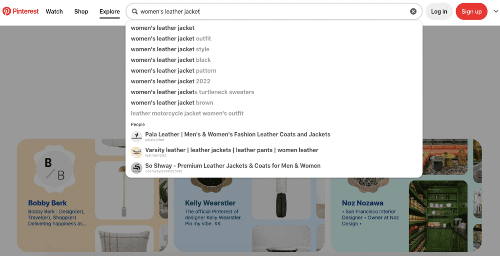 screenshot of pinterest with women's leather jacket in search bar