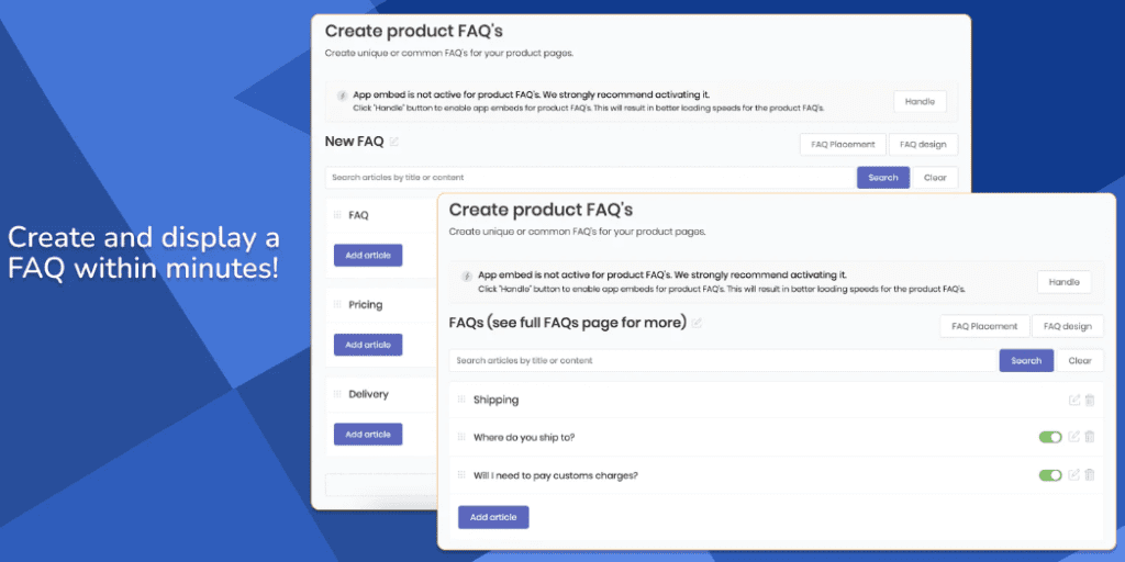 Screenshot of Help Center Page + Product FAQ product