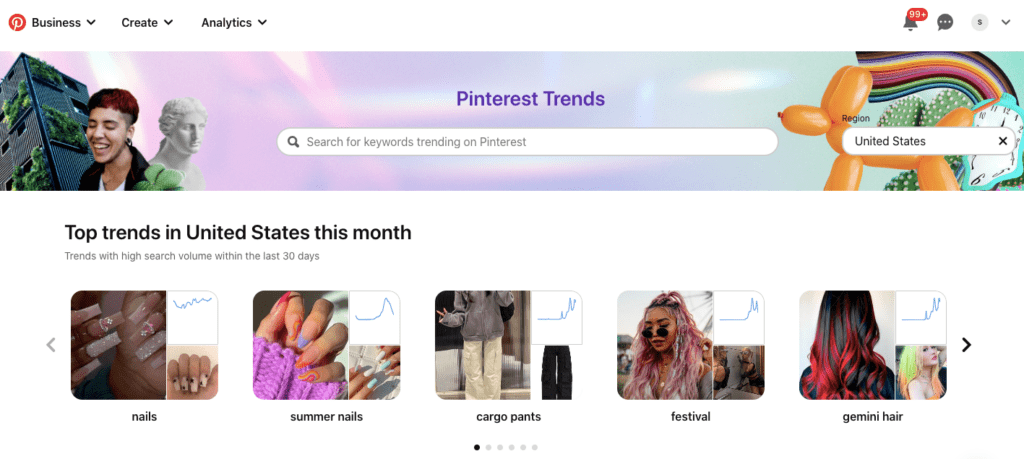 screenshot of pinterest trends page showing top trends in united states this month