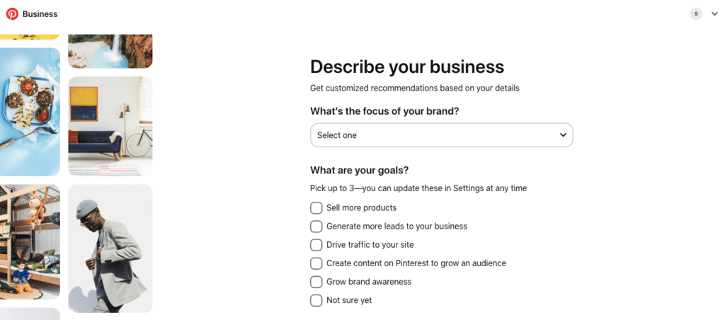 screenshot of pinterest page for describe your business form