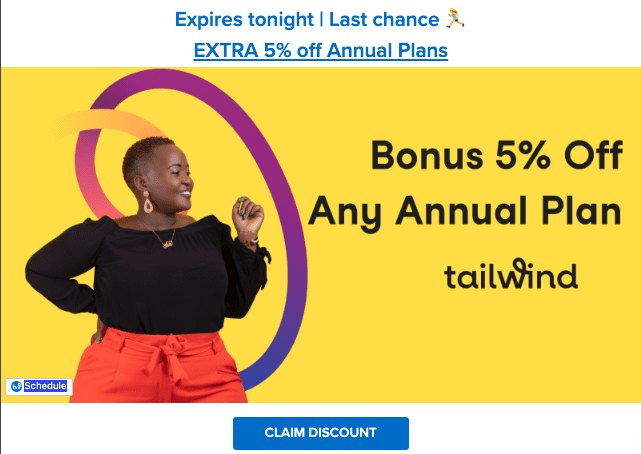 screenshot of Bonus 5% off any annual plan offer from Tailwind