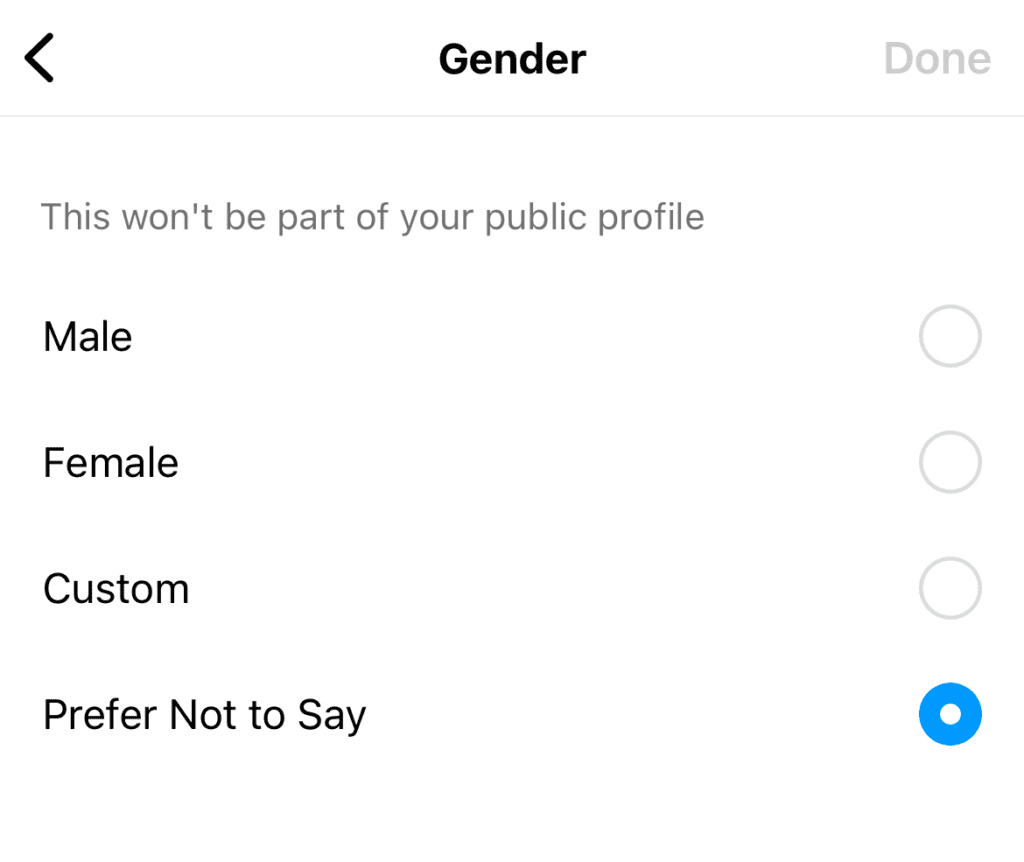 Screenshot of Instagram app's gender feature