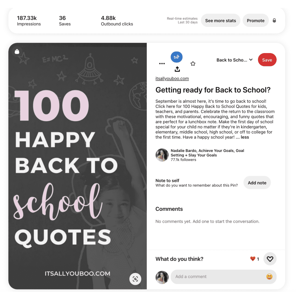 Screenshot of an example of a Pin Title and Description for "100 Happy Back to School Quotes"