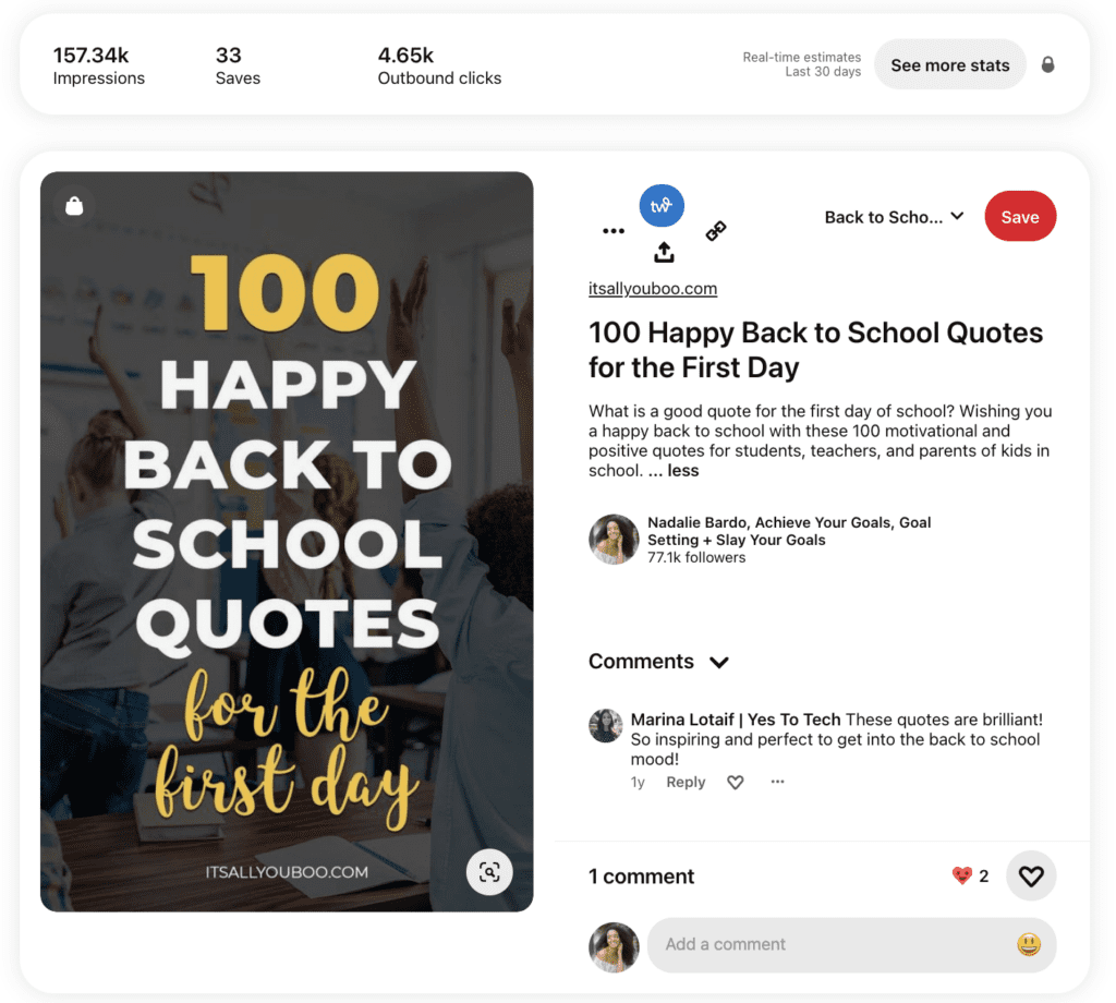 Screenshot of an example of a Pin Title and Description for "100 Happy Back to School Quotes for the first day"
