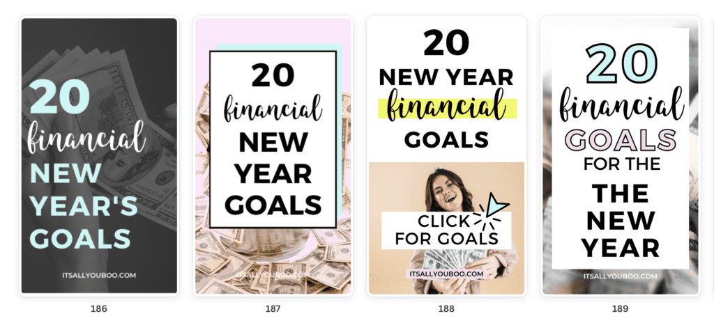 Screenshot of multiple pins for "20 financial new year's goals"