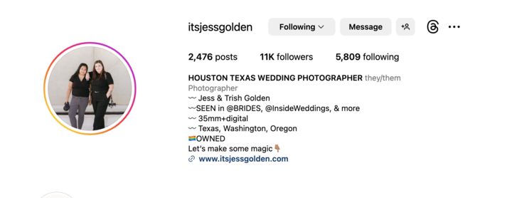 Screenshot of Instagram profile for itsjessgolden