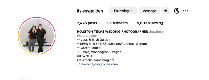 Screenshot of Instagram profile for itsjessgolden using pronouns they/them