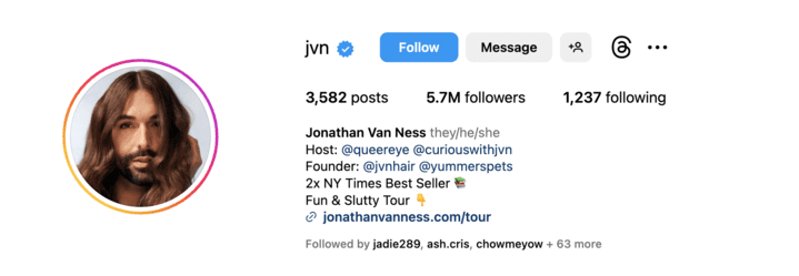Screenshot of Instagram profile for Jonathan Van Ness using pronouns they/he/she