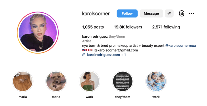 Screenshot of Instagram profile for karolscorner using pronouns they/them