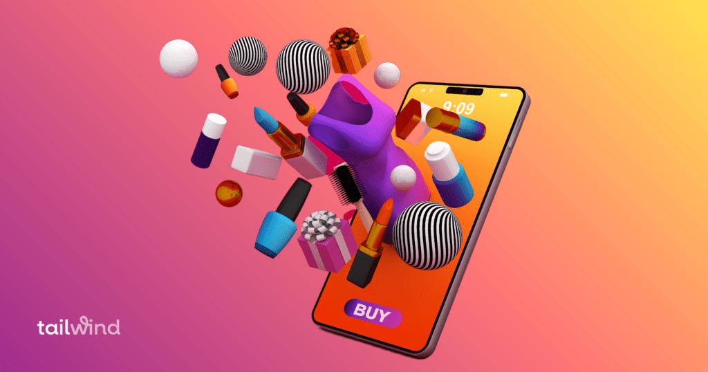 Image of a mobile phone with different items like makeup and clothes emerging from the screen