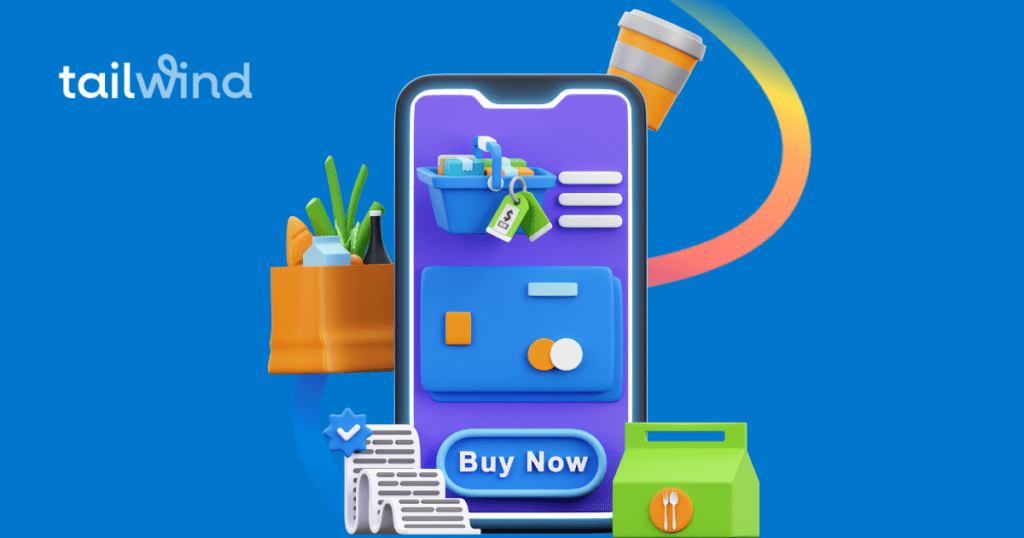 Illustration of a cell phone with a shopping basket, credit card, and Buy Now button on the screen. On a blue background with the word Tailwind.