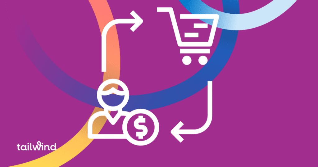 Illustration of the circular relationship between a shopping cart and a person with a money symbol on a pink background with the word Tailwind in white font.