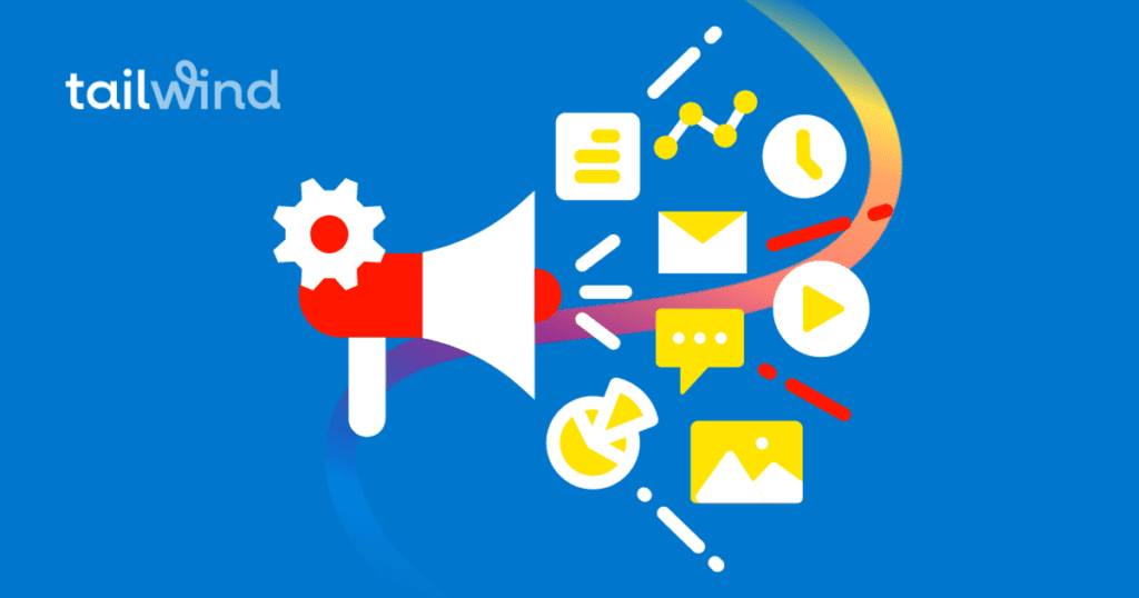 Illustration of many icons coming out of a bull horn on a blue background and the word Tailwind