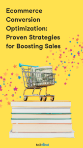Image of a shopping cart with dollar bills in it on a stack of books on a yellow background with multicolored stars and the title of the blog post and the word Tailwind in the corner.
