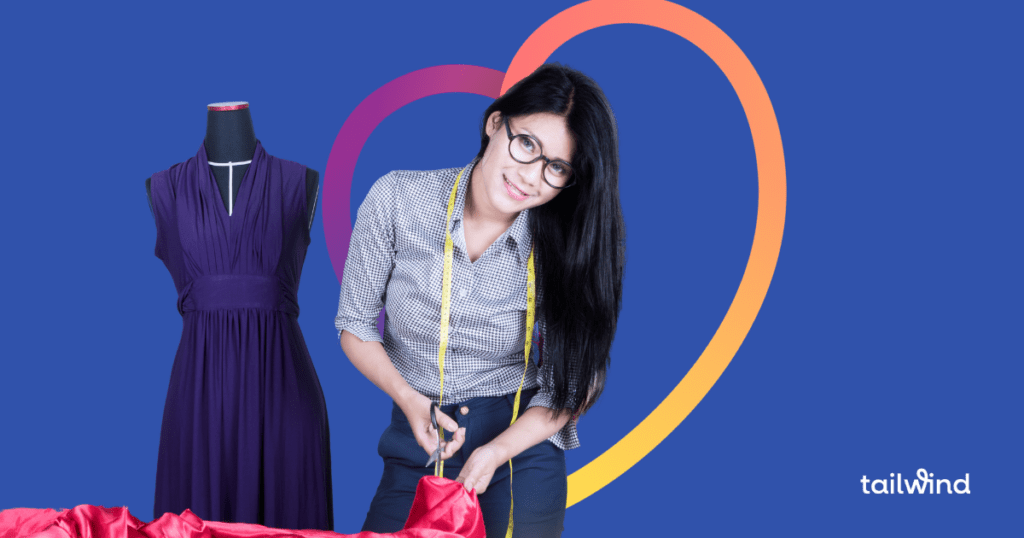 Picture of a woman making a dress on a blue background with the word Tailwind.