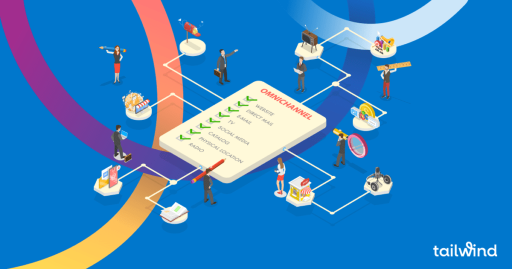 Illustration of a checklist with the word Omnichannel at the top and under it a list of media such as website, tv, and social media all on a blue background with the the word Tailwind in white.