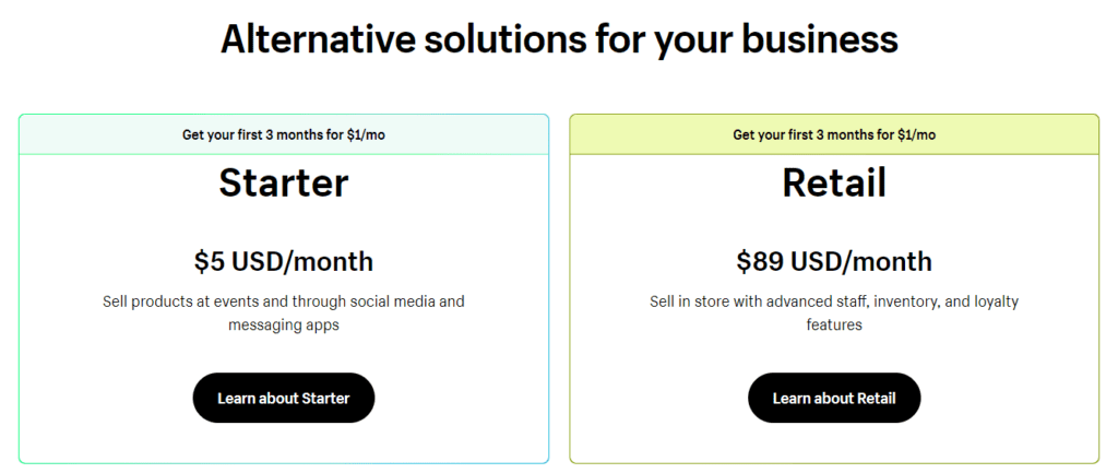 screenshot of shopify pricing page
