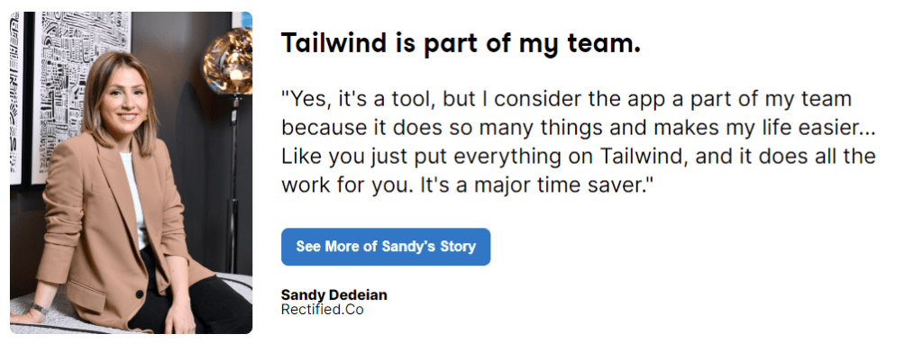 Screenshot of a Tailwind testimonial from a user's website.