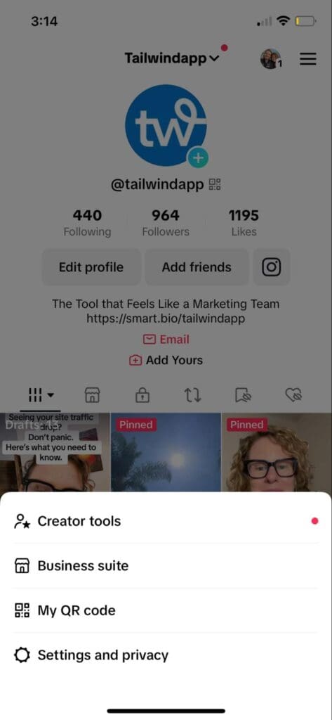 Screenshot of a menu on the Tailwindapp tiktok account where "Business suite" can be found