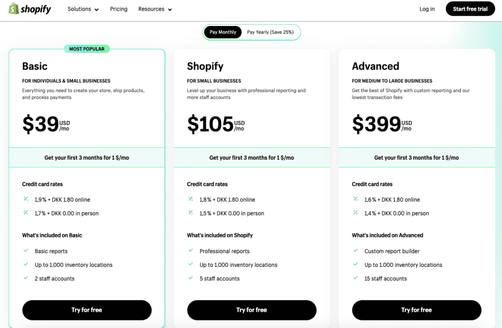 screen shot of shopify pricing page