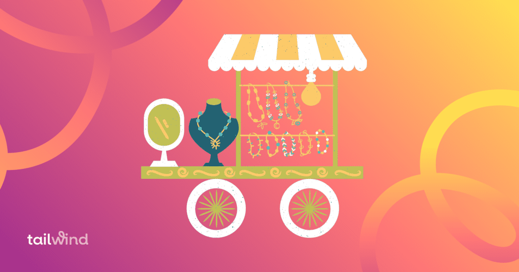Illustration of a merchant's cart with jewelry displayed on it with the word Tailwind in white.