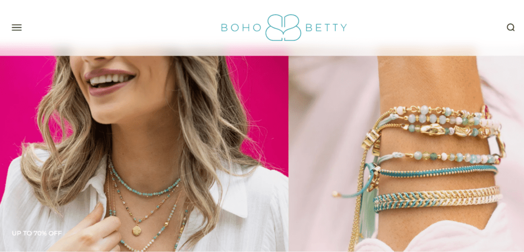 Screenshot from Boho Betty website featuring a closeup of a woman wearing necklaces and bracelets.