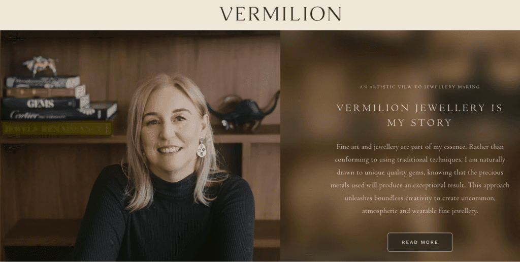 Screenshot from Vermilion website featuring a photo of the creator and the story of the company.