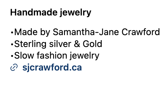 Screenshot of Instagram description of S.J. Crawford jewelry