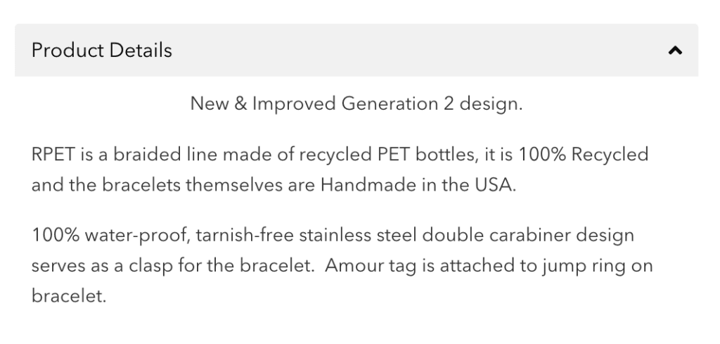 Screenshot of product details for a bracelet made from recycled PET bottles.